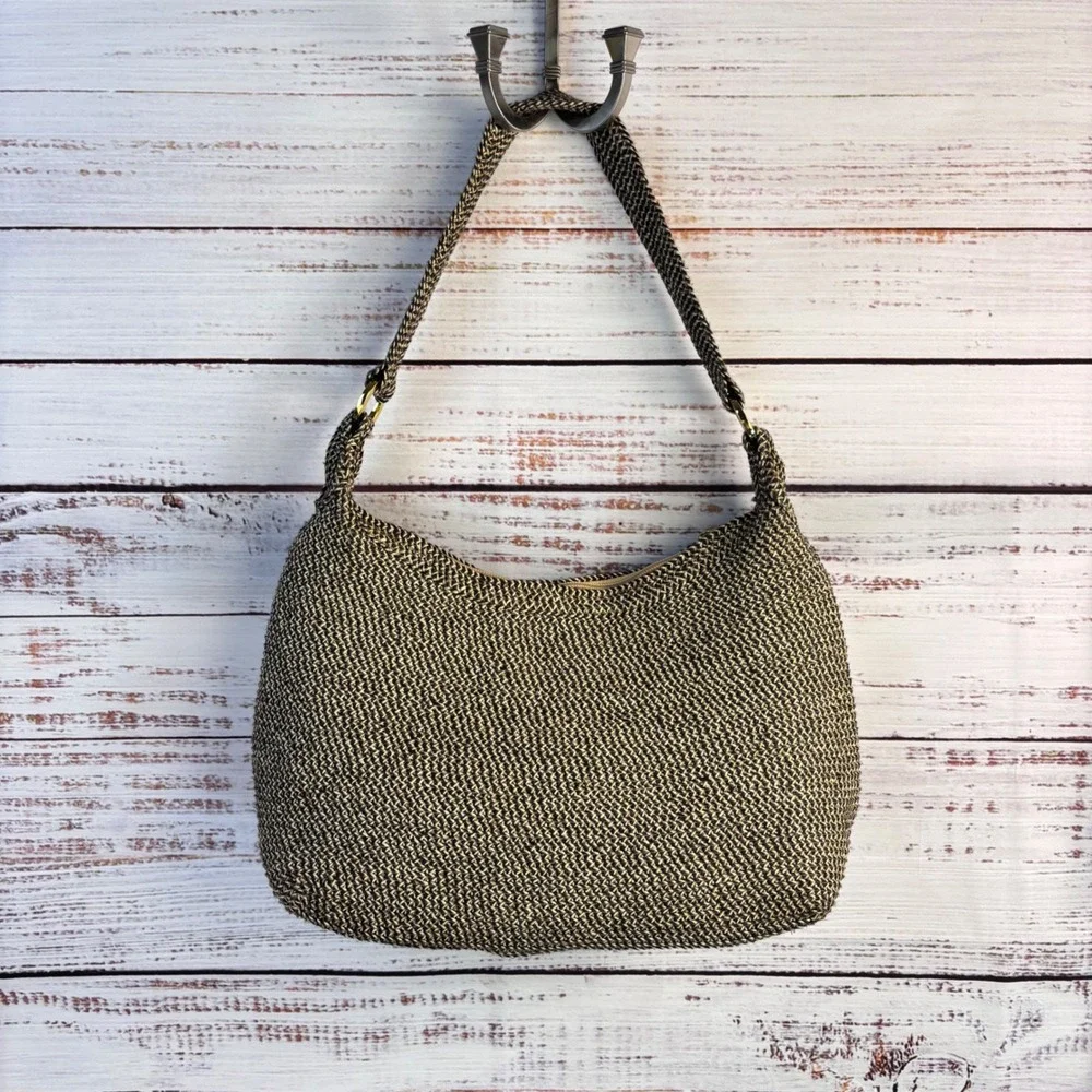 Orvis Woven Straw Hobo Shoulder Bag Black Tan Paper Blend Top Zip 1004564‎ 1P5